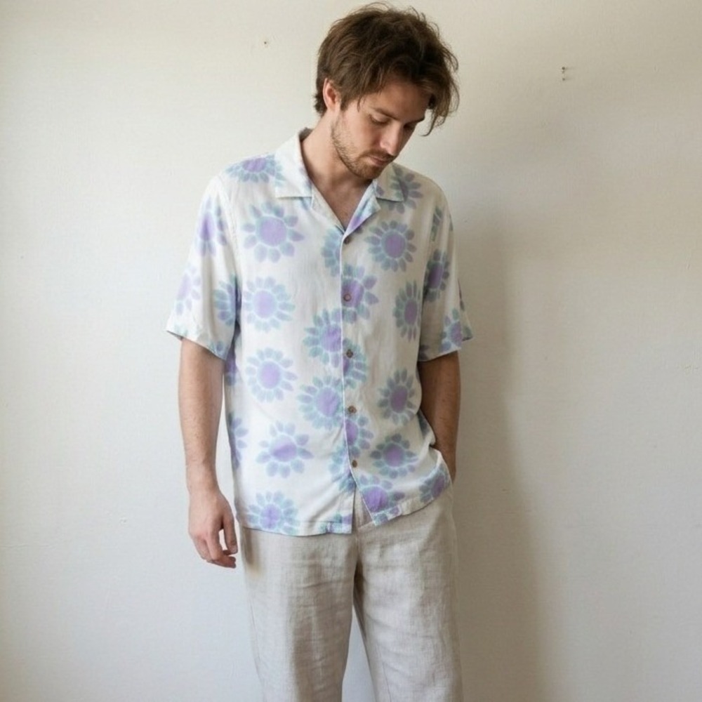 Zara Mens Shirt Large White Floral Short Sleeve Button Up Camp Collar